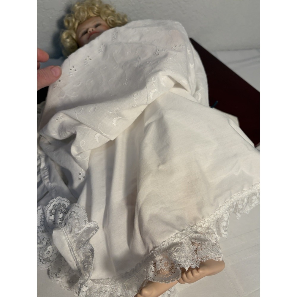 Curly Blonde Hair Porcelain Doll 16" Blue Eyes All White Gown - Picture 12 of 13